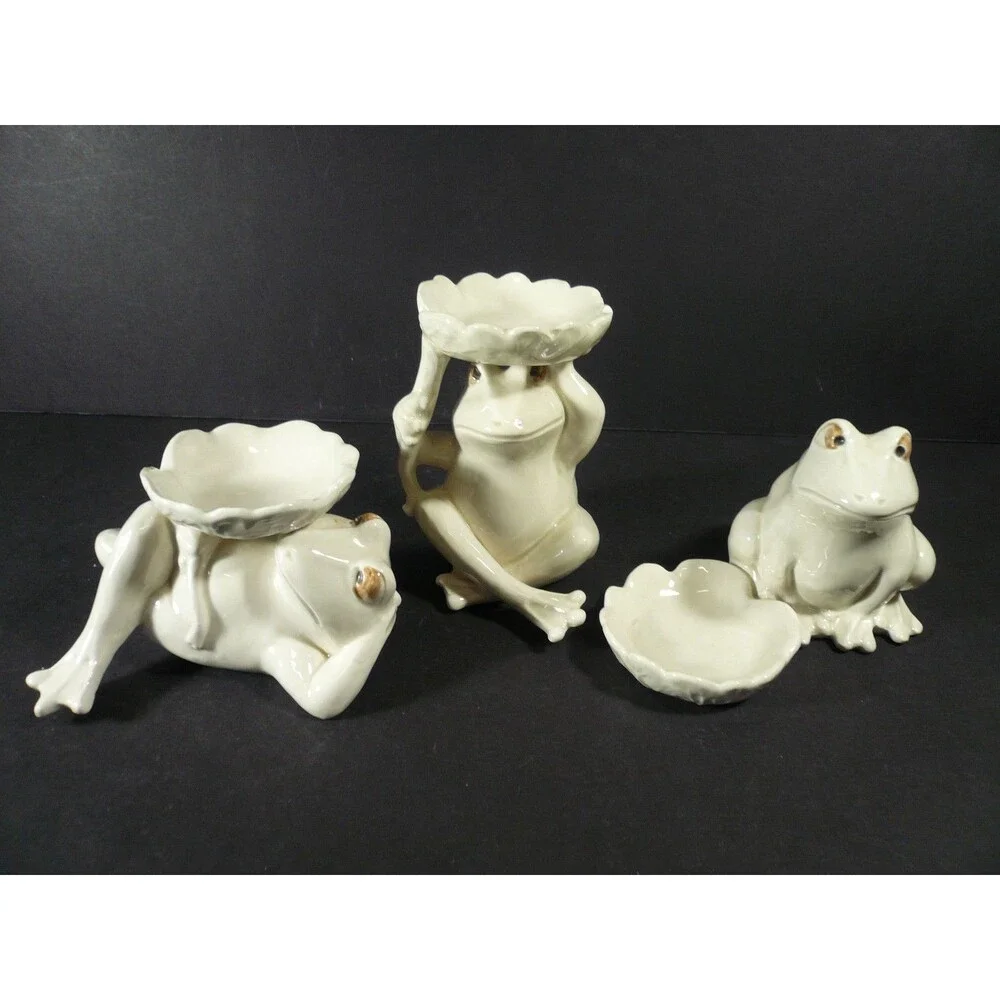 Vtg Set of 3 White Frog with Leaf Bowls Tea Light Candle Holders or Trinket Dish